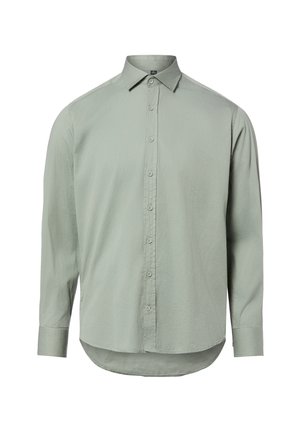 Hellgraues, langärmeliges Hemd mit Knöpfen, spitzem Kragen und geknöpften Manschetten, leicht geschwungenem Saum, auf neutralem Hintergrund präsentiert.