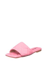 Infradito rosa con motivo trapuntato, realizzati in materiale liscio. Presentano un design aperto sulla punta e una suola piatta per un facile utilizzo.