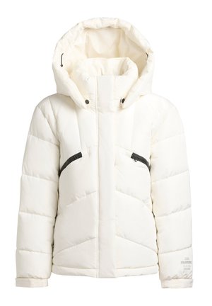 Witte gewatteerde winterjas met capuchon, ritssluiting aan de voorkant verborgen onder een klep, twee diagonale zwarte zakken met ritssluiting en verstelbare manchetten.