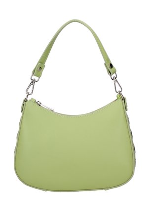 Sac à bandoulière en cuir vert clair avec des fermoirs argentés et une courte poignée, doté d'une fermeture éclair incurvée sur le dessus.