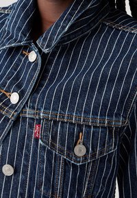 Sininen farkkutakki, jossa valkoiset pystysuorat raidat, hopeiset napit ja vasemmassa taskussa punainen Levi'sin merkki. Vakio kaulus ja kaksi rintataskua.