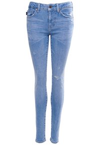 Ljusblå skinny jeans av denim, med en blekt look, slitna lappar och en klassisk femficksdesign med dragkedja.