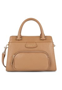 Sac à main en cuir tan avec une texture à relief, poignées supérieures doubles et une poche avant. Présente une quincaillerie en métal doré et une bandoulière amovible.