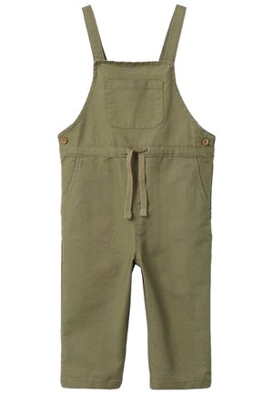 Olive zielone bawełniane kombinezony z regulowanymi szelkami, przednią kieszenią i ściągaczem w pasie. Charakteryzuje się casualowym, prostym krojem nogawek.