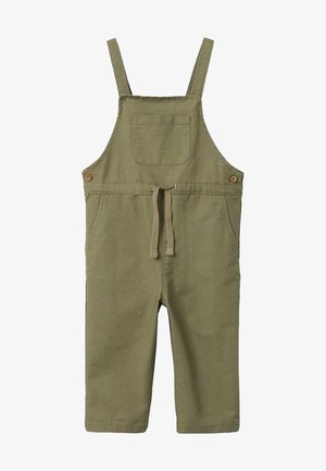 Olive zielone bawełniane kombinezony z regulowanymi szelkami, przednią kieszenią i ściągaczem w pasie. Charakteryzuje się casualowym, prostym krojem nogawek.