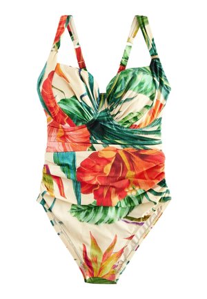 Jednodielne plavky s nastaviteľnými ramienkami, vypchávkami v košíčkoch a tropickým kvetinovým vzorom v červených, zelených, oranžových a krémových farbách.