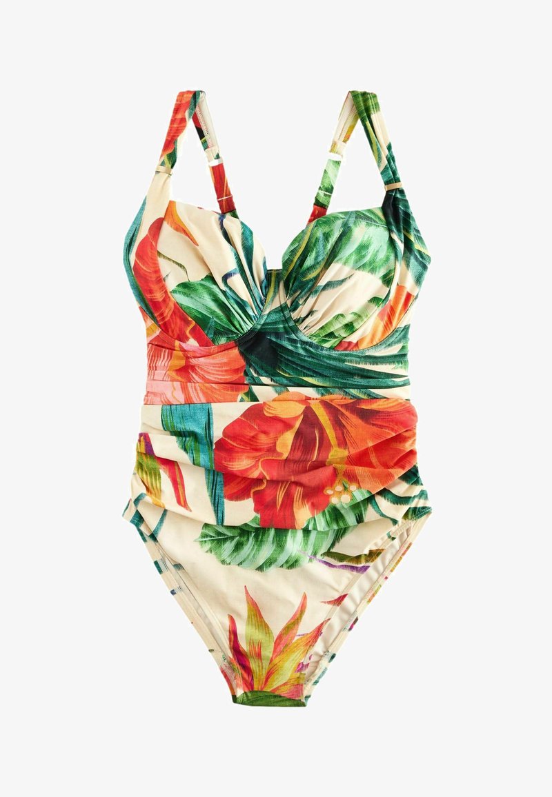Maillot de bain une pièce avec bretelles réglables, bonnets rembourrés et imprimé floral tropical aux couleurs rouge, vert, orange et crème.