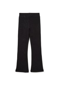 Pantalon noir pour enfants avec des paillettes argentées subtiles, jambes droites et taille élastique, présenté à plat sur un fond blanc.