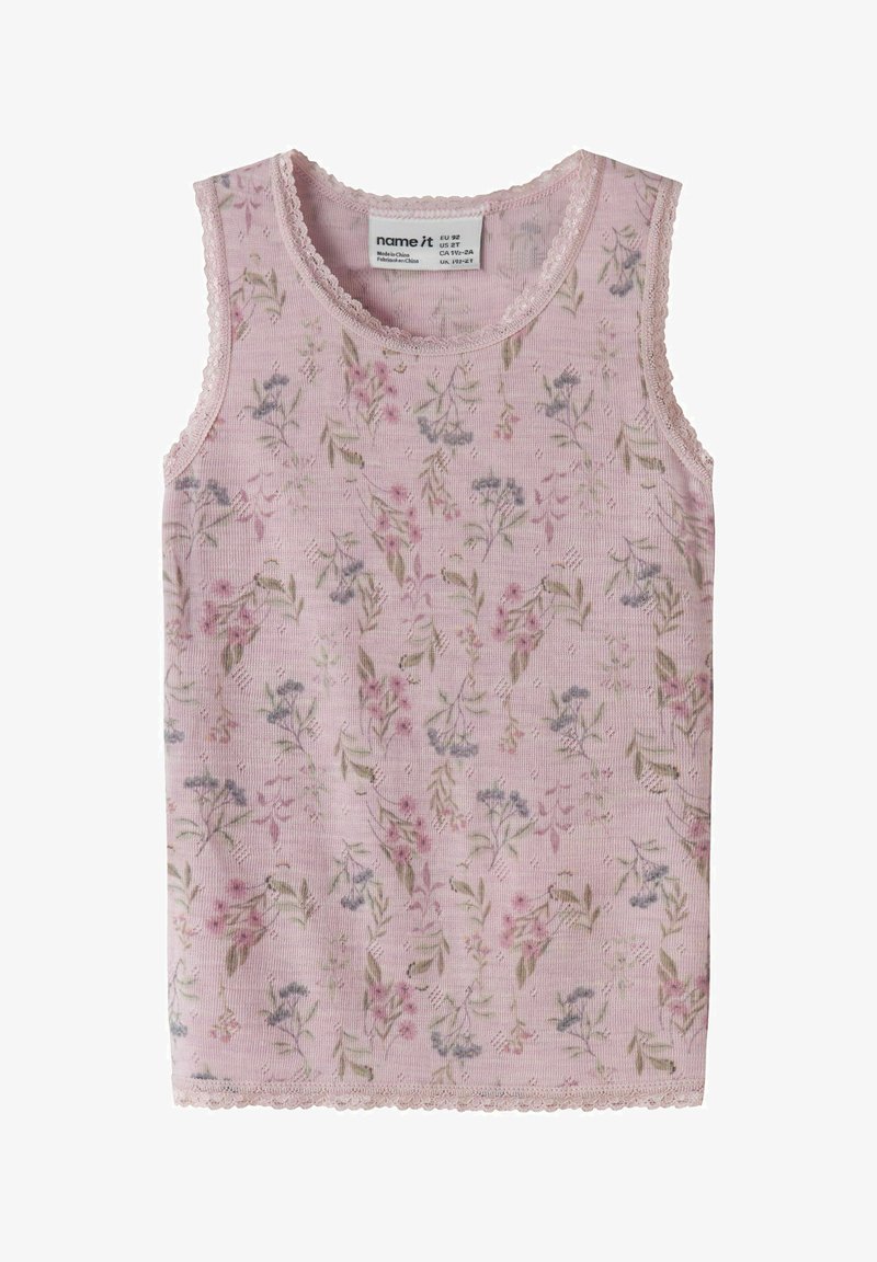 Débardeur rose sans manches avec un motif floral en violet et vert. Fini avec une délicate bordure en dentelle le long de l'encolure et des bords.