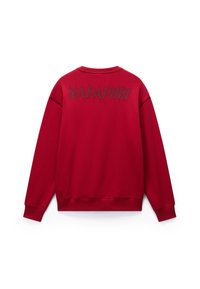 Κόκκινο φούτερ με στρογγυλή λαιμόκοψη, ριμπ μανσέτες και μέση. Η λέξη "NAPAPURI" κεντημένη στην πλάτη με αντίθετο σκούρο χρώμα.