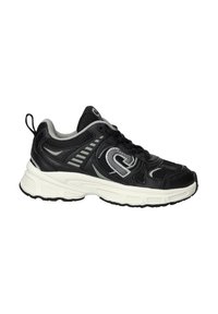 Zwarte sportieve schoen met een bovenwerk van mesh en synthetisch materiaal, getextureerde details, een witte tussenzool, rubberen outsole en contrasterende grijze accenten.