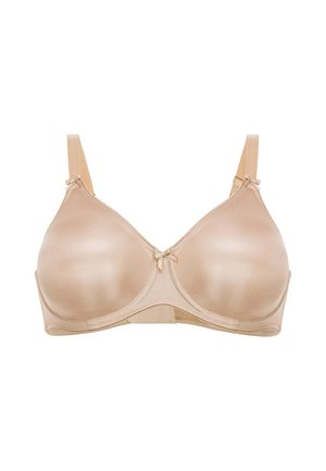 Beige, glad stoffen beha met beugel, driehoekige cups, verstelbare bandjes en kleine strikjes bij de banden. Naadloos ontwerp.