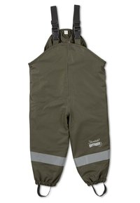 Waterproof overalls in olive green, made from durable material. Features adjustable straps, elasticized cuffs, and reflective gray stripes.