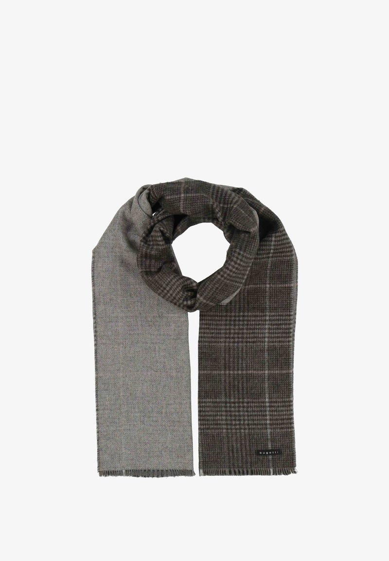 Sciarpa a scacchi marrone e grigia con una consistenza morbida, caratterizzata da bordi frangiati e un'etichetta del marchio. Il design include sezioni alternate solide e a motivo.