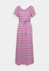Robe maxi dans un motif géométrique en losanges violet, rose et jaune. Dotée de manches courtes bouffantes, d'un décolleté arrondi et d'une taille nouée.