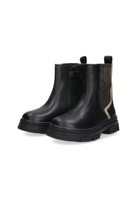 Zwarte leren enkelboots met een textuurafwerking, zij-elastische panelen in goud, ronde neus en stevige zwarte rubberen zool met profiel.
