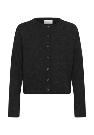 Dunkelgrauer kurzer Cardigan aus weichem Strickstoff mit rundem Ausschnitt, gerippten Details und acht passenden Knöpfen vorne.