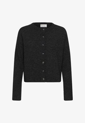 Tmavosivý krátky kardigán z mäkkej pleteniny, s okrúhlym výstrihom, rebrovanými detailmi a ôsmimi zodpovedajúcimi gombíkmi na prednej strane.