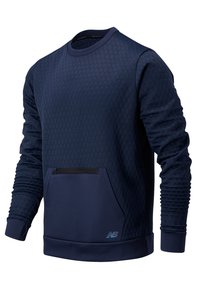 Felpa blu navy con texture a nido d'ape, maniche lunghe e tasca frontale con cerniera nera. Logo sul lato inferiore destro.