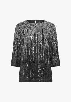 Black sequined top with a rounded neckline, three-quarter sleeves, and a back keyhole closure. Features vertical sequin stripes for texture.