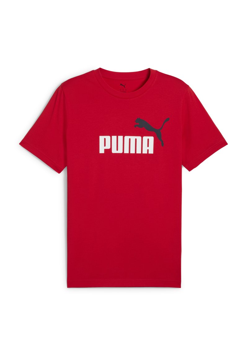 Punainen puuvillapaita, jossa on suuri valkoinen "PUMA" -logo ja musta pumahahmo, pyöreä pääntie ja lyhyet hihat.