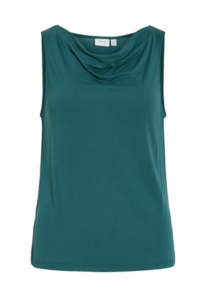 Ujjatlan türkizkék blúz átfedő nyakkivágással és egyenes szegéllyel, sima, könnyű anyagból készült.