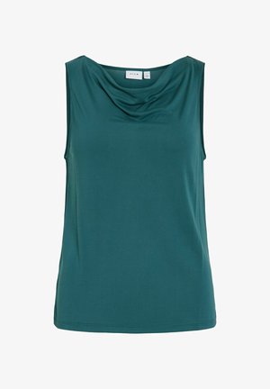 Halenka bez rukávů v tyrkysové barvě s volně splývajícím výstřihem a rovnými lemy, vyrobená z hladké, lehké tkaniny.