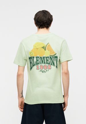 Άτομο με κοντά καστανά μαλλιά που φοράει ανοιχτό πράσινο T-shirt με γραφικό φρούτου και το κείμενο "ELEMENT 1992 Atlanta GA USA" στο πίσω μέρος.