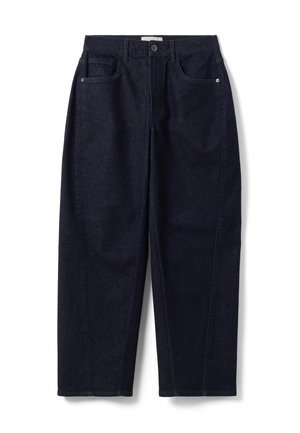 Jeans blu scuro a gamba dritta con chiusura frontale con bottone e zip e design a cinque tasche, mostrati su sfondo bianco.