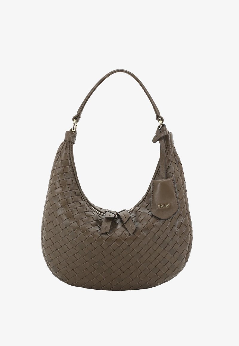 Brown woven leather handbag with single strap, zipper closure, and small leather tag embossed with brand name "abro".
