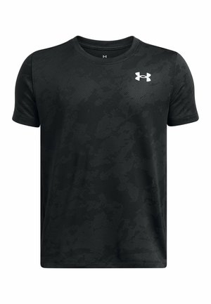 Black athletic t-shirt with a textured camouflage pattern, short sleeves, round neck, and a white logo on the upper left chest.