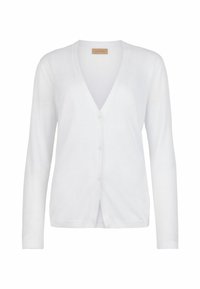 Weißer Cardigan mit V-Ausschnitt, langen Ärmeln und vorderem Knopfverschluss. Hergestellt aus weichem, leichtem Material mit glatter Textur.
