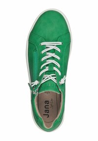Grüner Lederschuh mit weißen Schnürsenkeln und einem Reißverschluss an der Seite. Glatte Textur, abgerundete Form und weiche Innenausstattung. Markenname innen sichtbar.