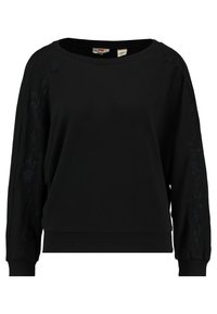 Sudadera negra con escote ancho y mangas largas. Presenta bordados florales tonales a lo largo de las mangas. Fabricada con una tela suave y de corte relajado.