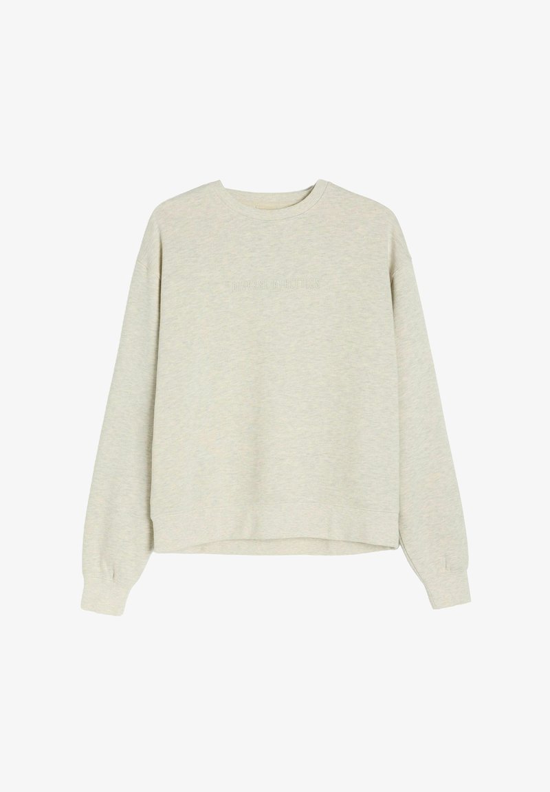 Jasnoszara bluza z miękkiej, teksturowanej tkaniny. Posiada okrągły dekolt, długie rękawy oraz subtelny, wytłaczany detal "Diverse Athletics".