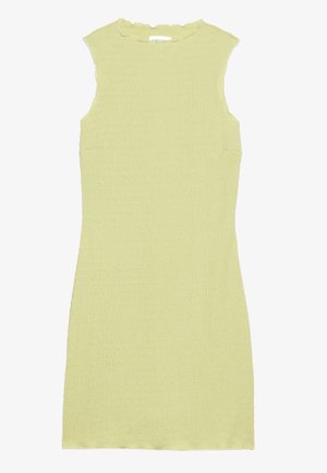 Svijetlozelena haljina bez rukava s teksturiranim materijalom, oblikom s oštrim izrezom i prilagođenim krojem. Bez rukava ili dodatnih ukrasa.