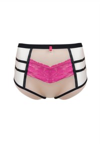 Bielizna o gładkiej beżowej podstawie, czarnych akcentach i różowej koronkowej wstawce. Posiada regulowane czarne ramiączka i mały różowy detal w postaci kokardki.