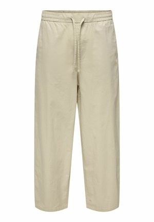 Pantalon beige à taille élastique avec cordon, jambes droites et coupe décontractée, présenté de face sur fond blanc.