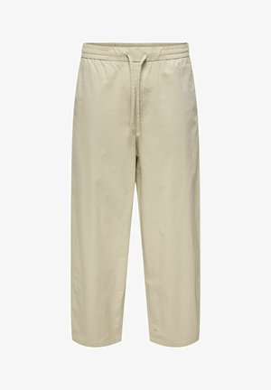Pantalon beige à taille élastique avec cordon, jambes droites et coupe décontractée, présenté de face sur fond blanc.