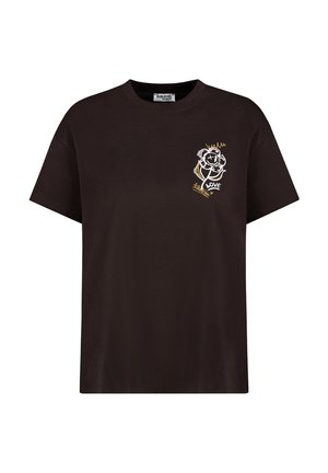 Schwarzes T-Shirt mit kurzen Ärmeln, auf der linken Brust mit einer kleinen weißen und goldumrandeten Blume sowie dem Schriftzug "LOVE".