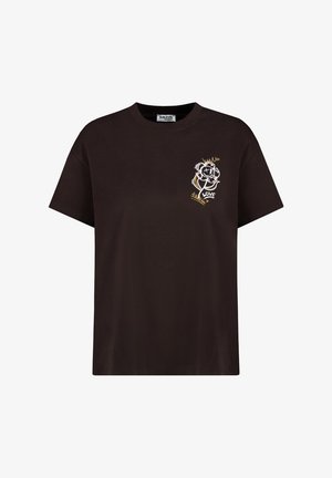 Schwarzes T-Shirt mit kurzen Ärmeln, auf der linken Brust mit einer kleinen weißen und goldumrandeten Blume sowie dem Schriftzug "LOVE".