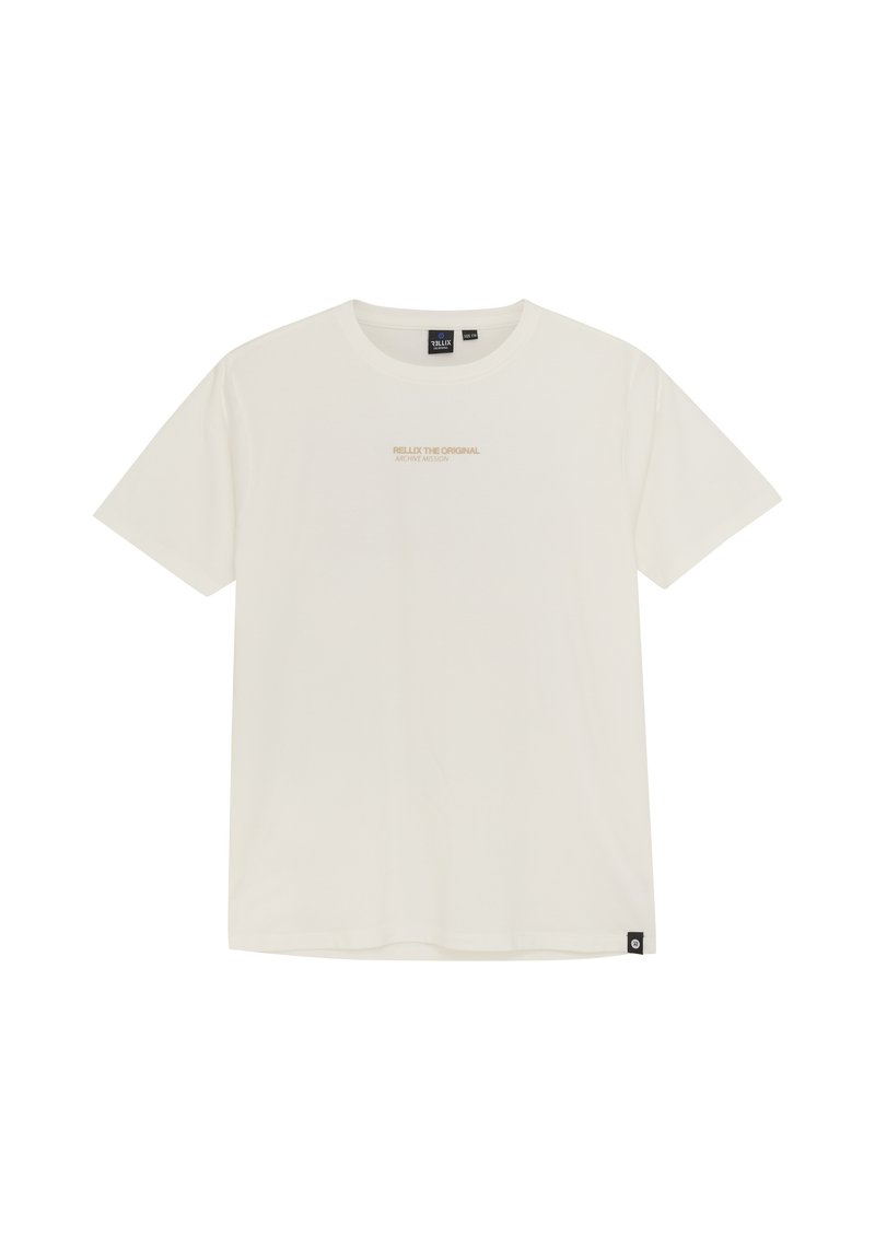 Witte katoenen t-shirt met een ronde halslijn en korte mouwen. Heeft een bedrukte logo in gouden tekst op de voorkant en een klein zwart label aan de zoom.