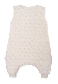 Cremfarbener Schlafsack mit einem sich wiederholenden pastellfarbenen Regenbogenmuster, weichem Baumwollmaterial, ärmellosem Design und elastischen Bündchen.