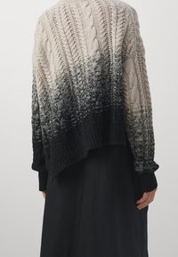 Pull en tricot dégradé du crème au noir, présentant un motif en côtes, des manches larges et un ourlet en côtes. Vue de dos présentée.