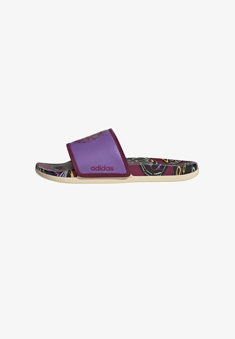 Adidas slide sandal featuring a purple synthetic upper with a textured surface, patterned footbed in dark colors, and a lightweight beige outsole.