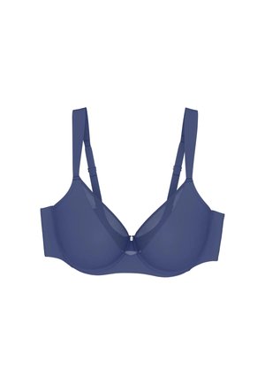 Blue underwire bra with adjustable straps and mesh panel details, shown flat on a white background.