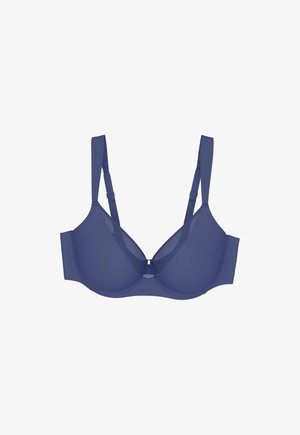 Sininen, tuettu rintaliivi säädettävillä olkaimilla ja verkkopaneeliyksityiskohdilla, esitettynä litteänä valkoista taustaa vasten.