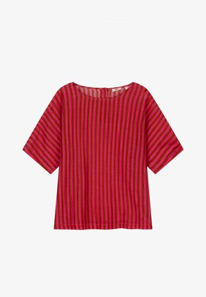 Roze en bordeaux gestreepte korte mouwen top met een ronde hals, voorzien van een losse pasvorm en lichtgewicht stof. Geen opvallende metalen onderdelen of accenten.
