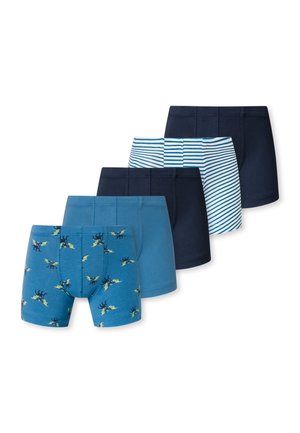 Fünf Paare von Jungen-Boxershorts in verschiedenen Blautönen, mit einfarbigen Designs, gestreiften Mustern und einem Drachenmotiv. Hergestellt aus weicher Baumwolle.