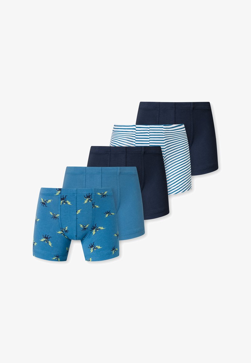 Cinque paia di boxer da bambino in diverse tonalità di blu, con colori solidi, pattern a righe e una stampa di drago. Realizzati in morbido cotone.
